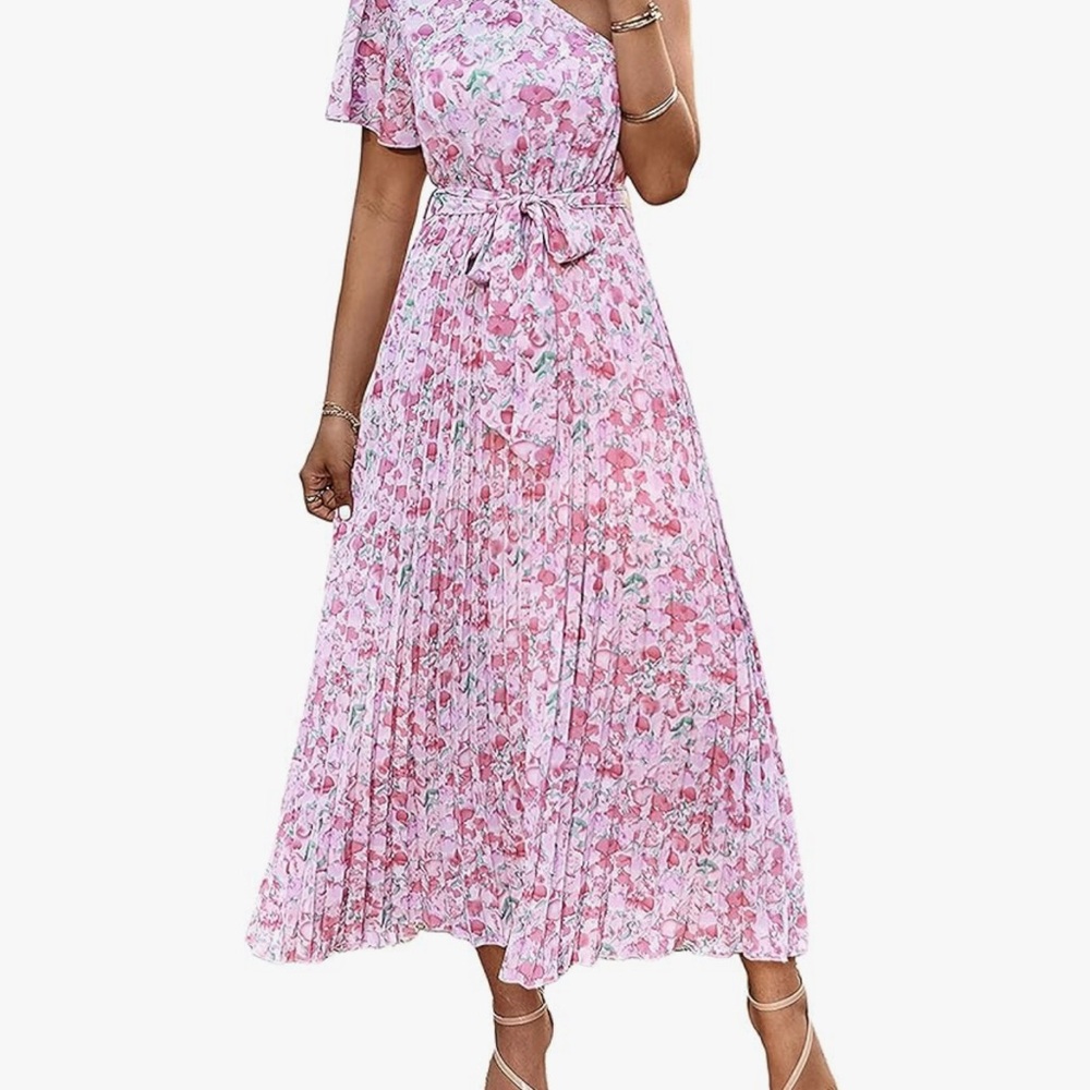 Elegant One Shoulder Floral Dress in Pink
